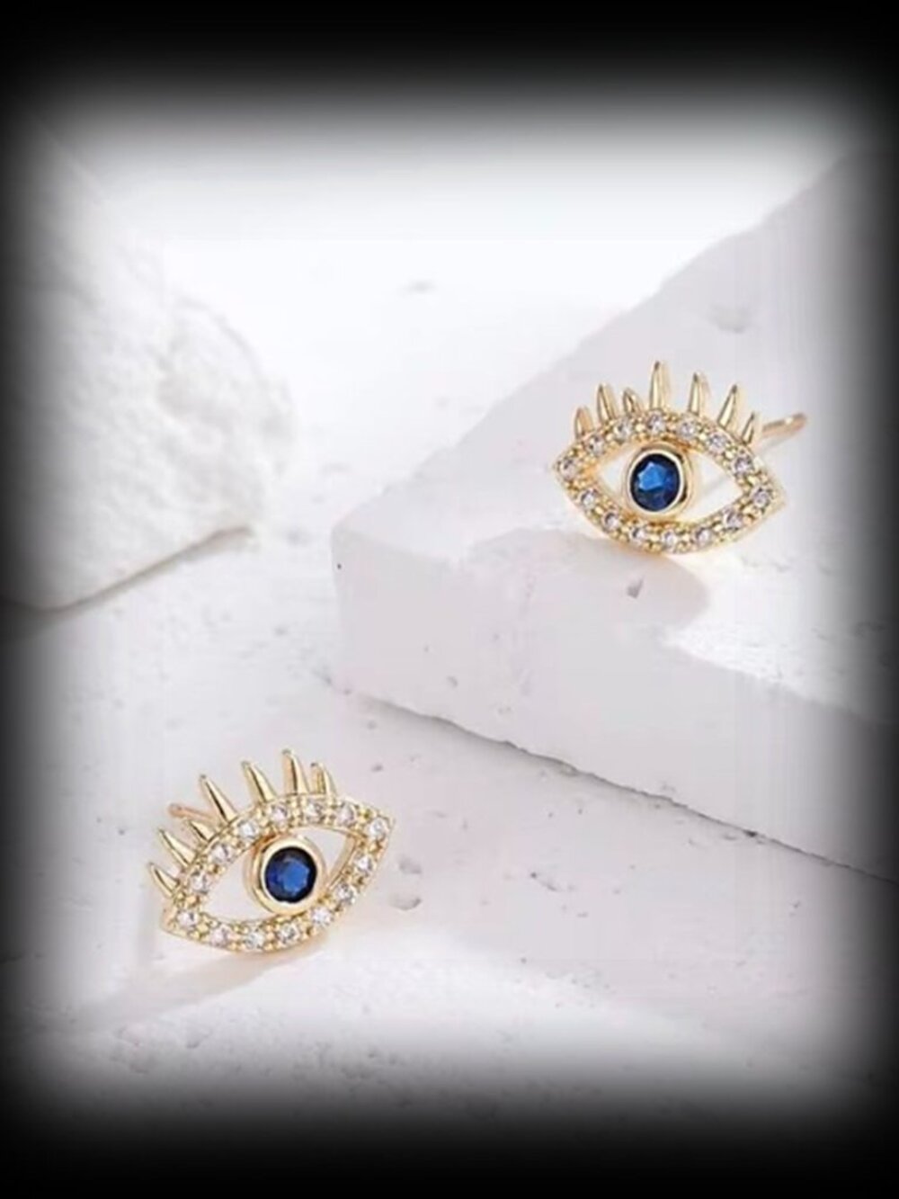 Gold Boho Evil Eye Protection Stud Earrings Blue Clear CZ | Eyelash | Talisman - Picture 9 of 13